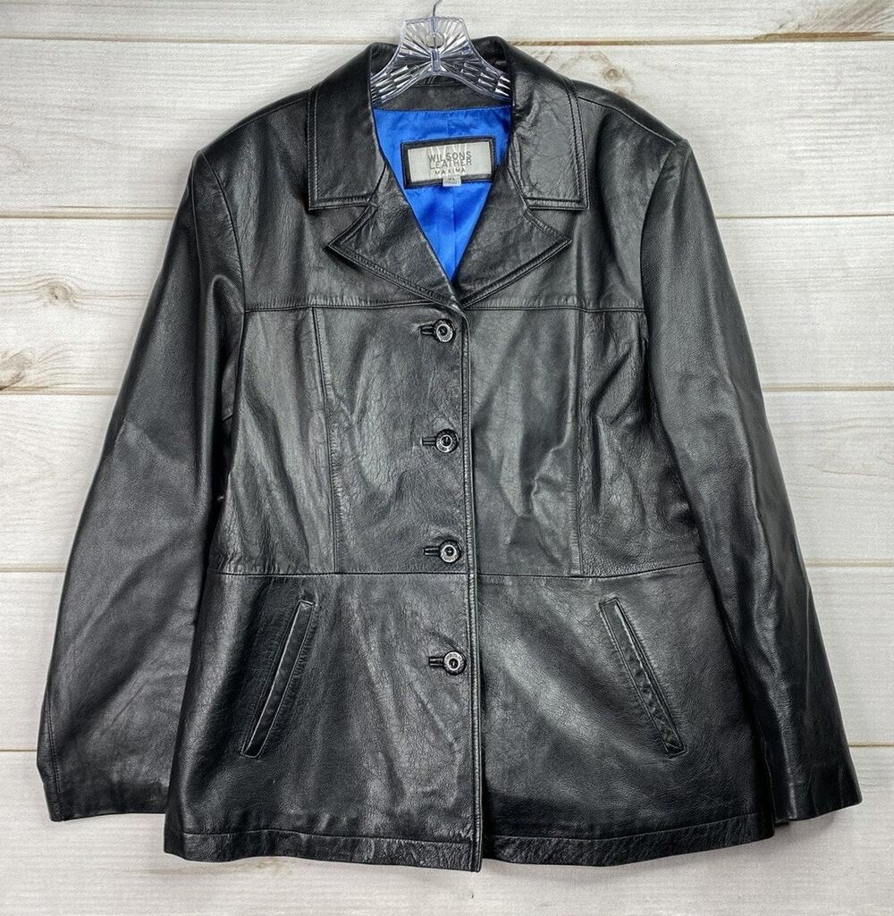 Vtg Wilsons Leather Maxima Jacket XL Black Blue Lining Button Up Blazer Look 90s